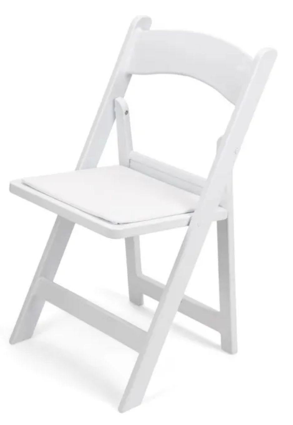 A white folding chair with a white cushion on a white background.