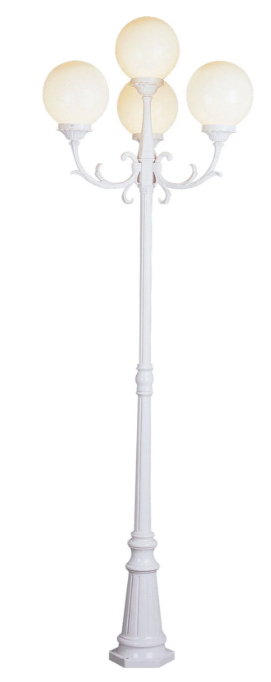 A white lamp post with four white balls on it on a white background.