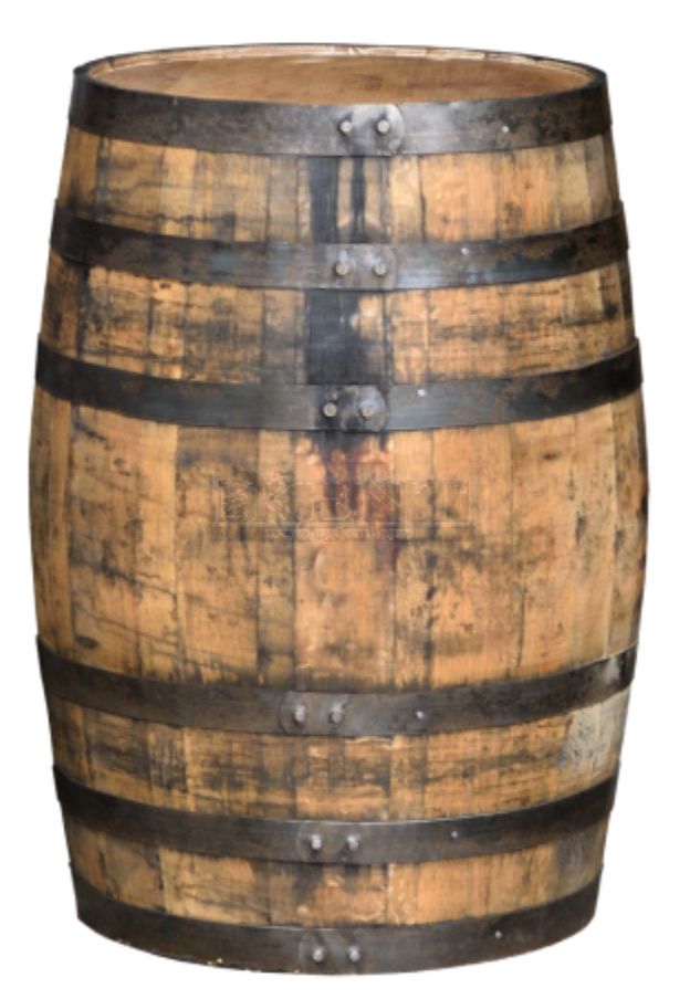 A large wooden barrel with metal straps on a white background