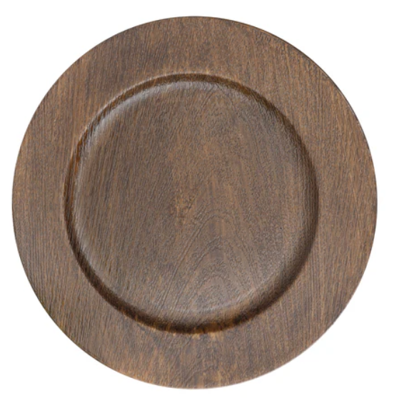 A brown wooden plate with a white background
