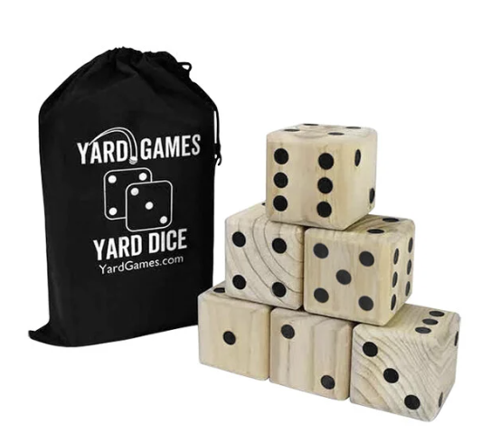 A bag of yard games yard dice stacked on top of each other