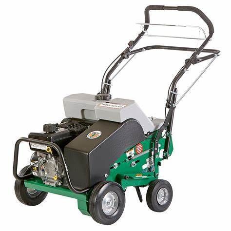 A green and black lawn mower with wheels on a white background.