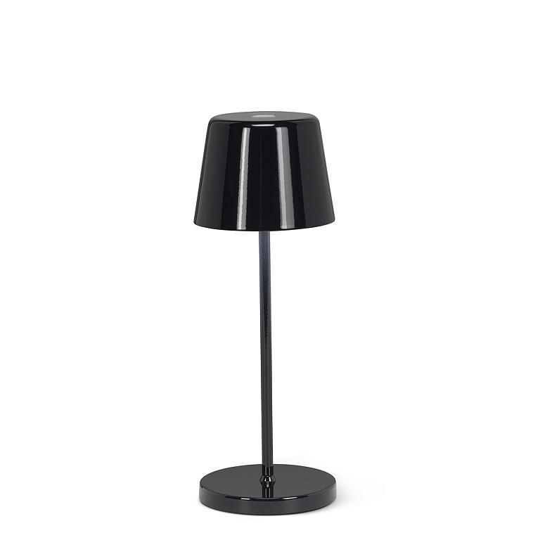A black table lamp with a black shade on a white background.