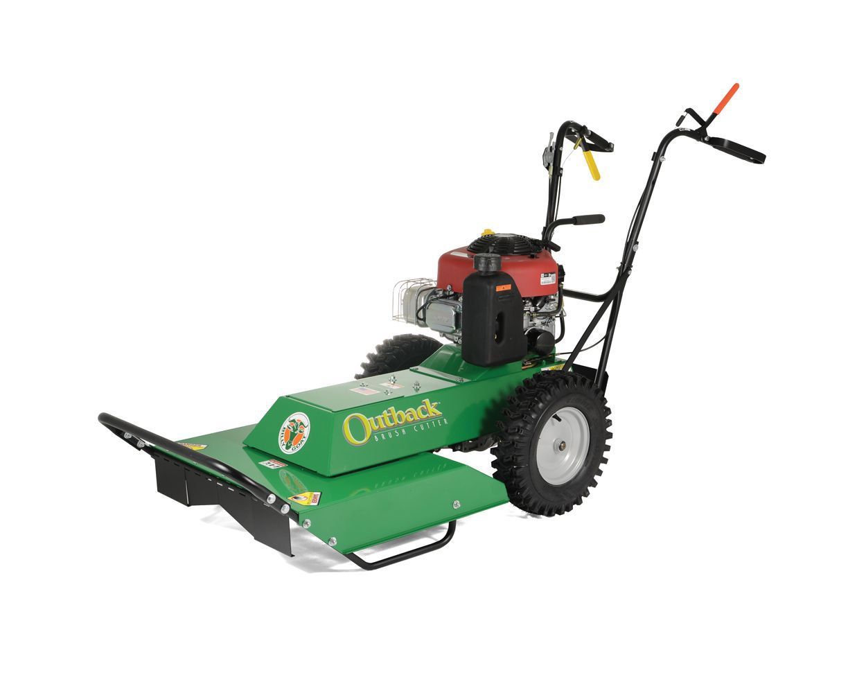 A green lawn mower with a honda engine on a white background.
