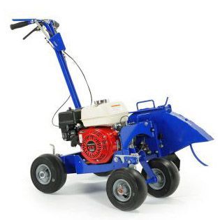 A blue lawn mower with a red honda engine on a white background.