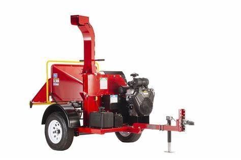 A red wood chipper is on a trailer on a white background.