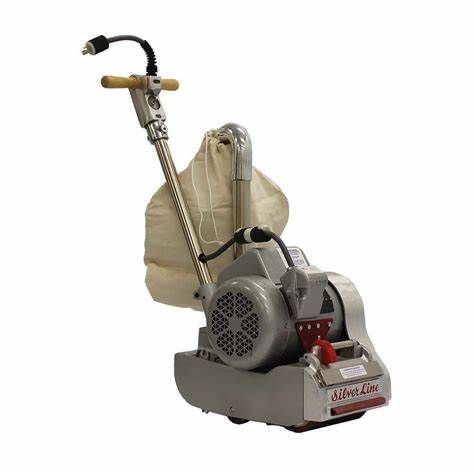 A floor sander with a bag attached to it on a white background.