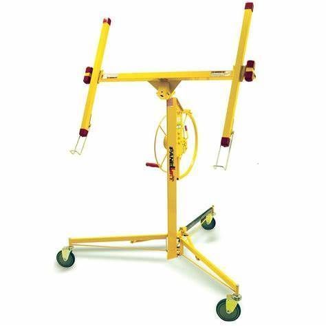 A yellow pole lift with wheels on a white background