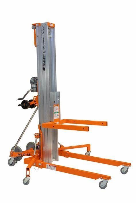 An orange and silver lift with wheels on a white background.
