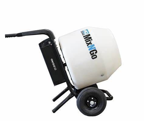 A concrete mixer is sitting on a cart on a white background.