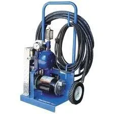 A blue cart with a pump and hose attached to it.