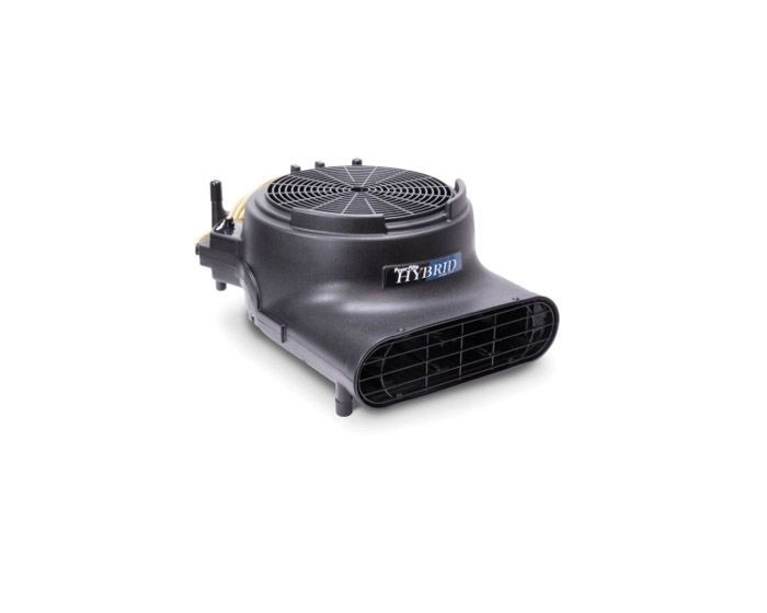 A black blower with a fan on top of it on a white background.