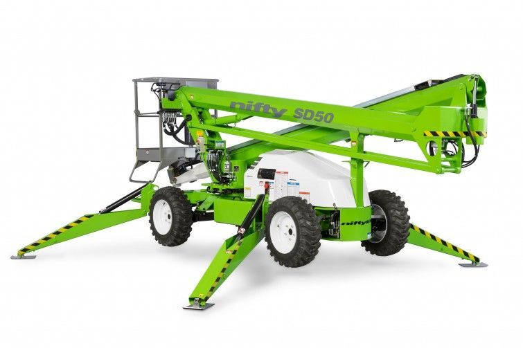 A green and white aerial lift on a white background.