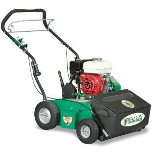 A green lawn mower with a honda engine on a white background.