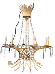 A gold chandelier with candles hanging from it