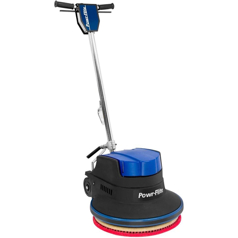 A blue and black floor scrubber with a handle on a white background.