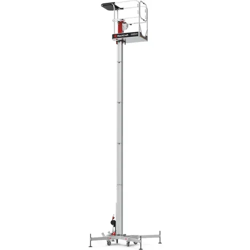 A man is standing on top of a very tall aerial lift.