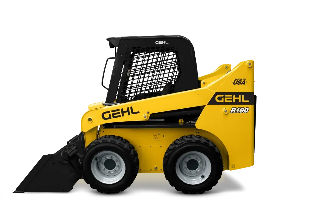 A small yellow and black tractor with a bucket on a white background.