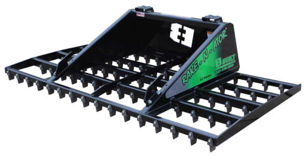 A black and green tool with a bucket attached to it