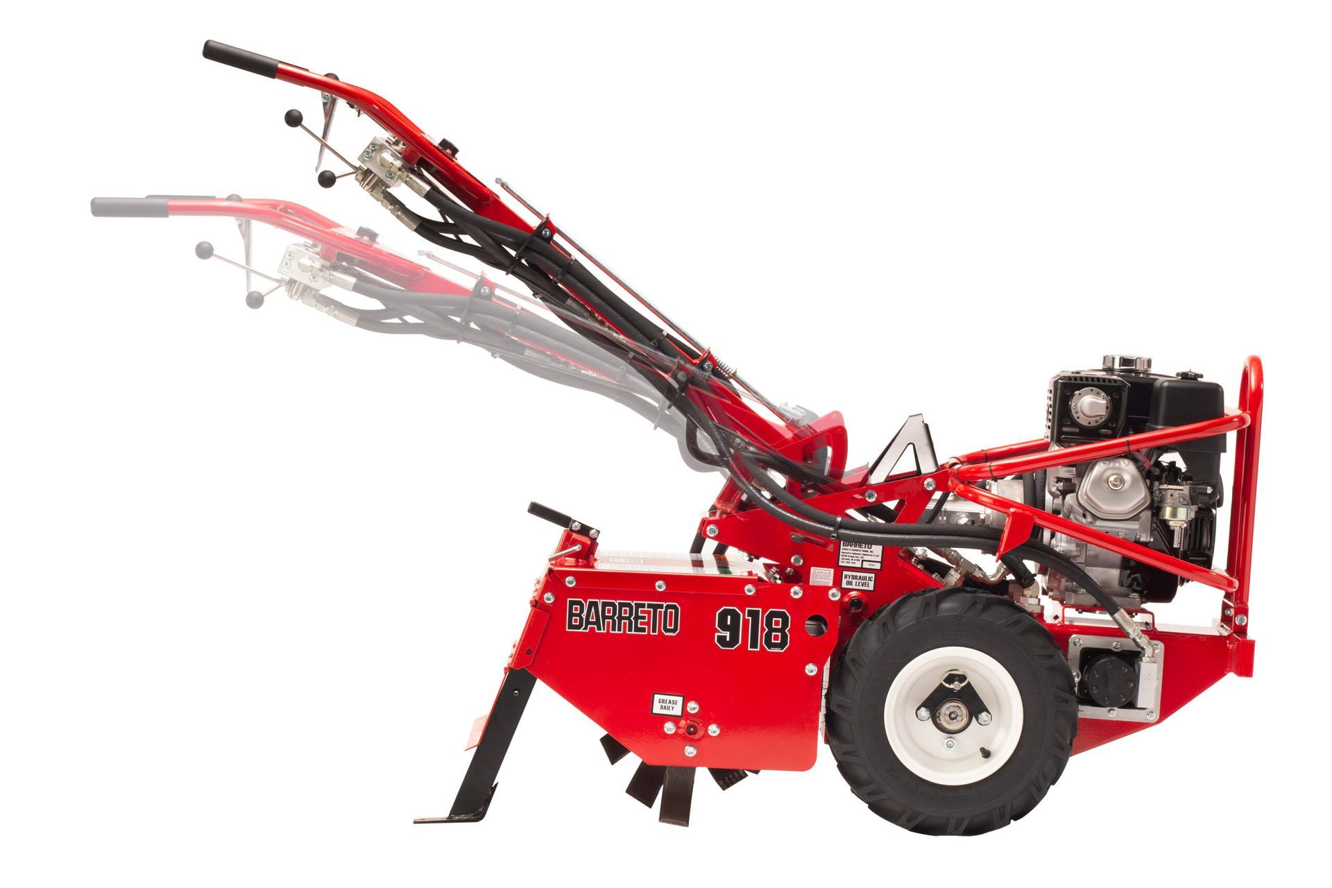 A red and white tractor with a handle on a white background.