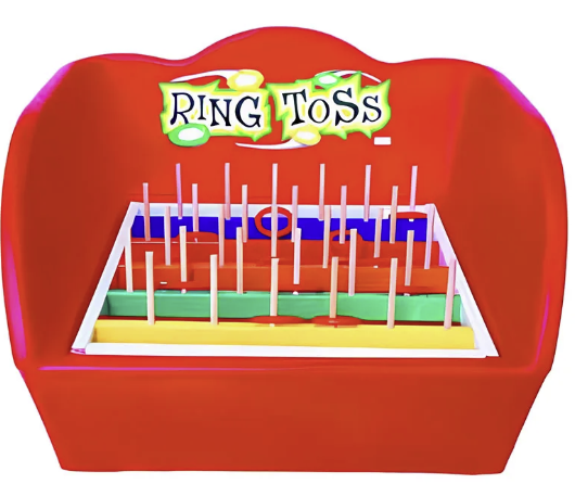A ring toss game is displayed on a red chair