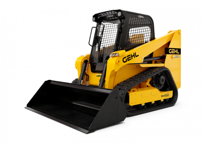 A yellow and black tractor with a black bucket on a white background.