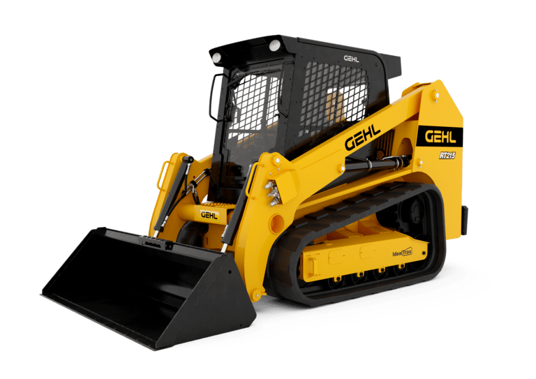 A yellow and black tractor with a black bucket on a white background.