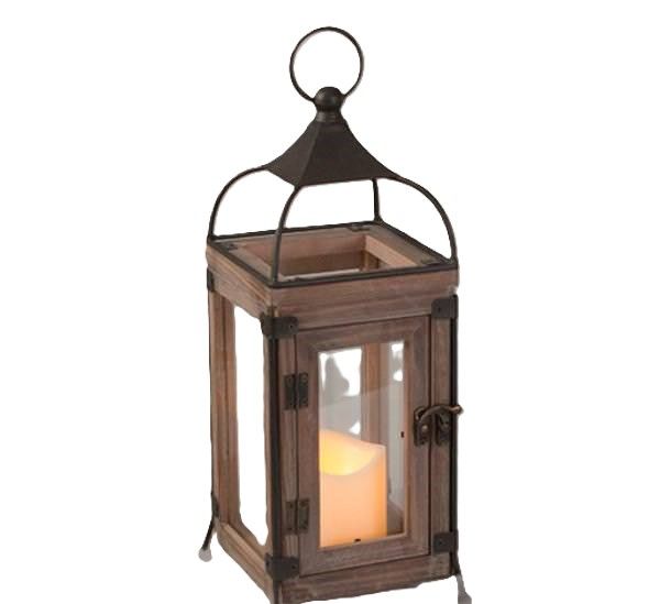 A wooden lantern with a candle inside of it