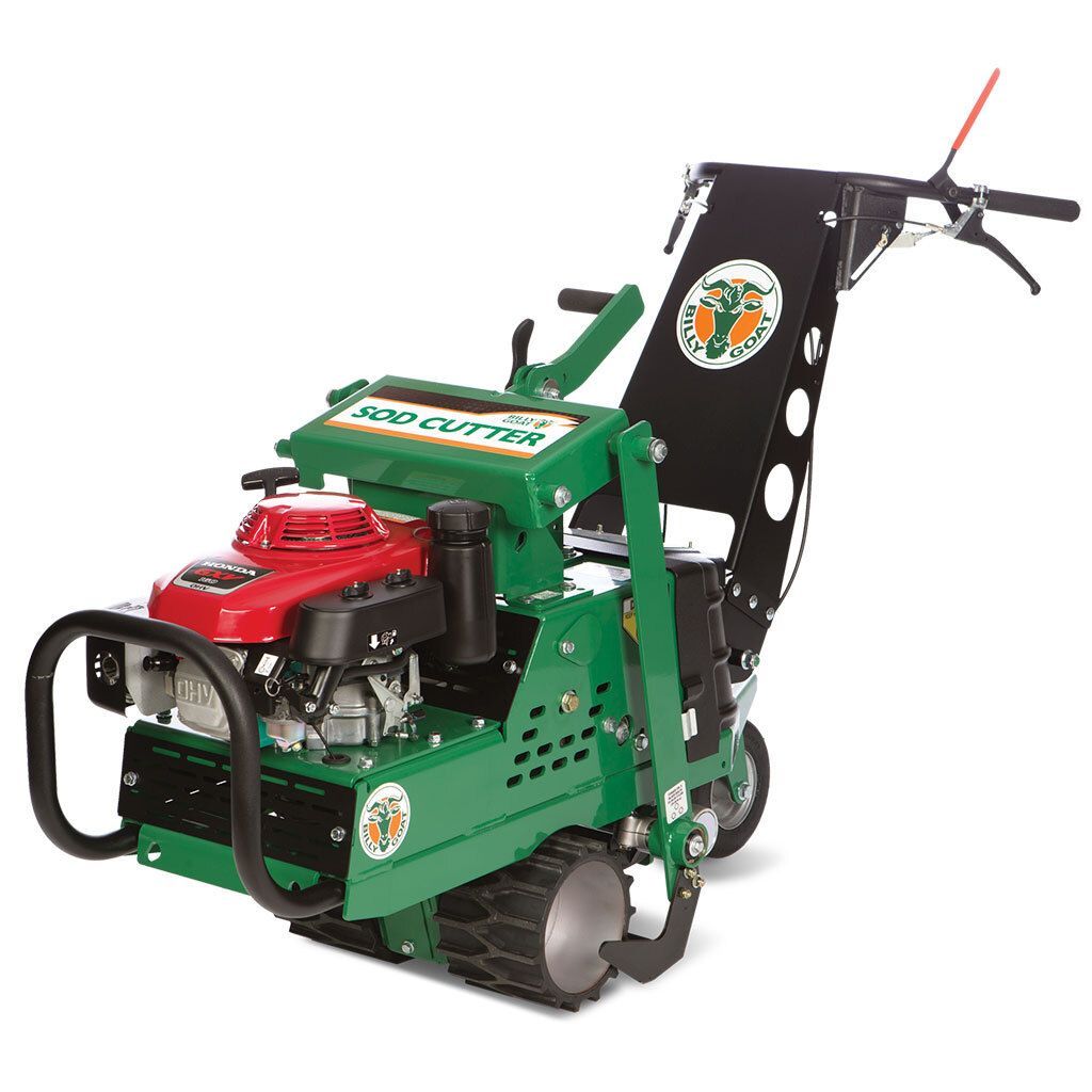 A green and black lawn mower with a honda engine on a white background.