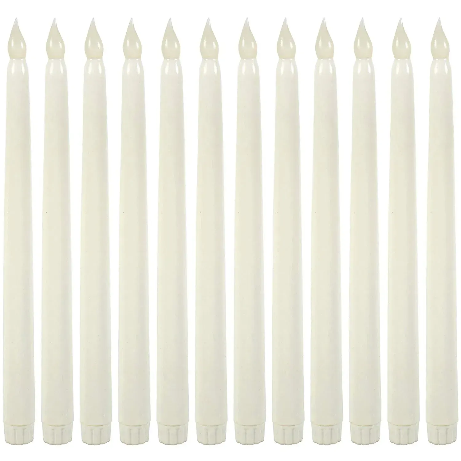 A row of white candles on a white background.