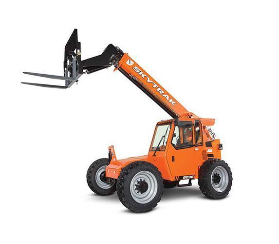 An orange forklift with a forklift attached to it on a white background.