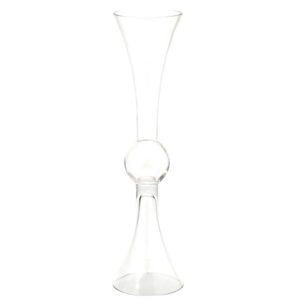 A clear glass vase with a ball in the middle on a white background.