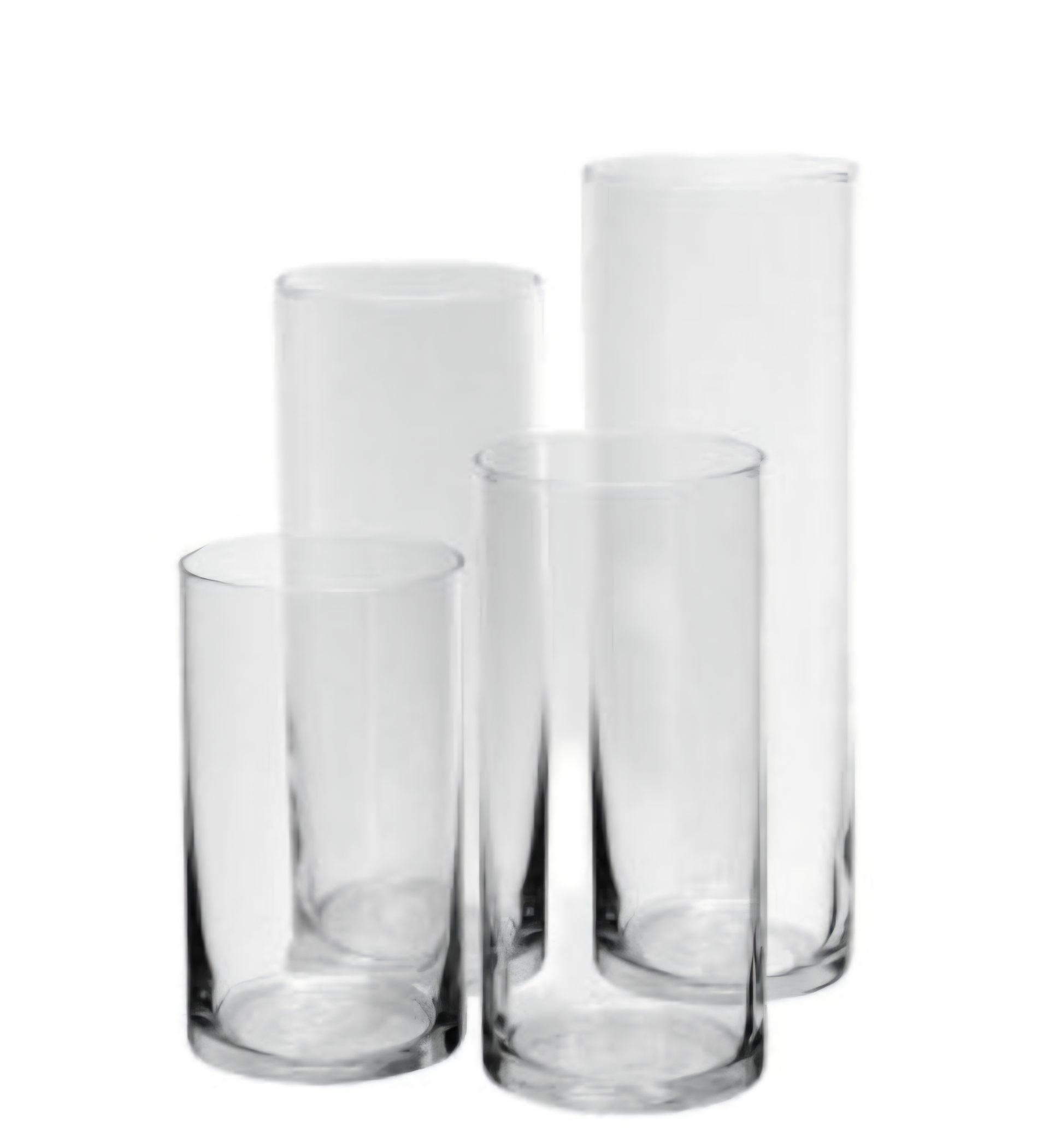 Four clear glass vases of different sizes are stacked on top of each other on a white background.