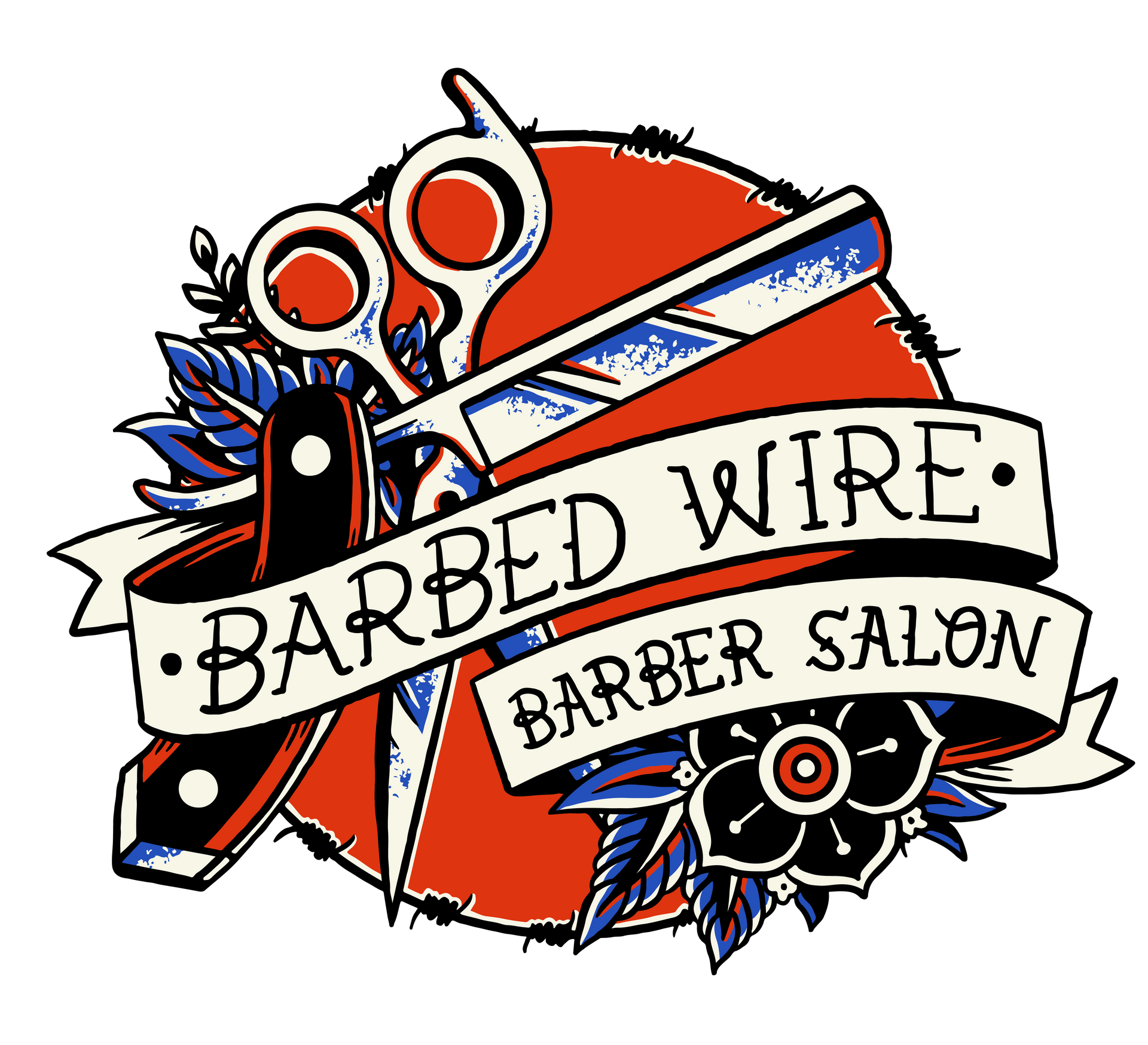 Barber salon logo with scissors, straight razor, and banner reading 