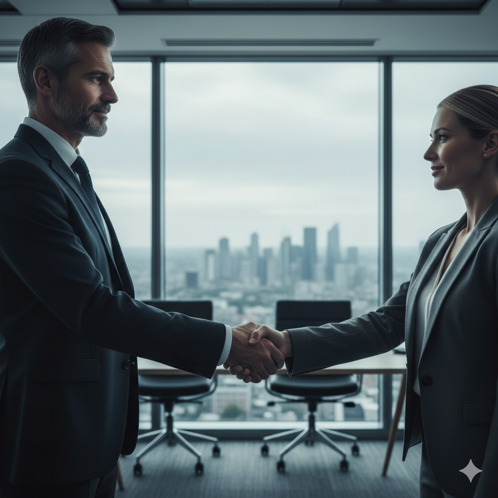 Man and woman in suits shaking hands in an office, cityscape visible through a window.