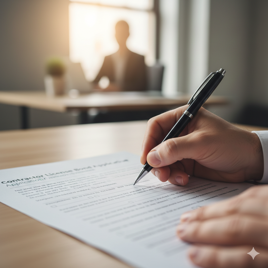 Person signing a document with a pen at a desk, another person blurred in background.