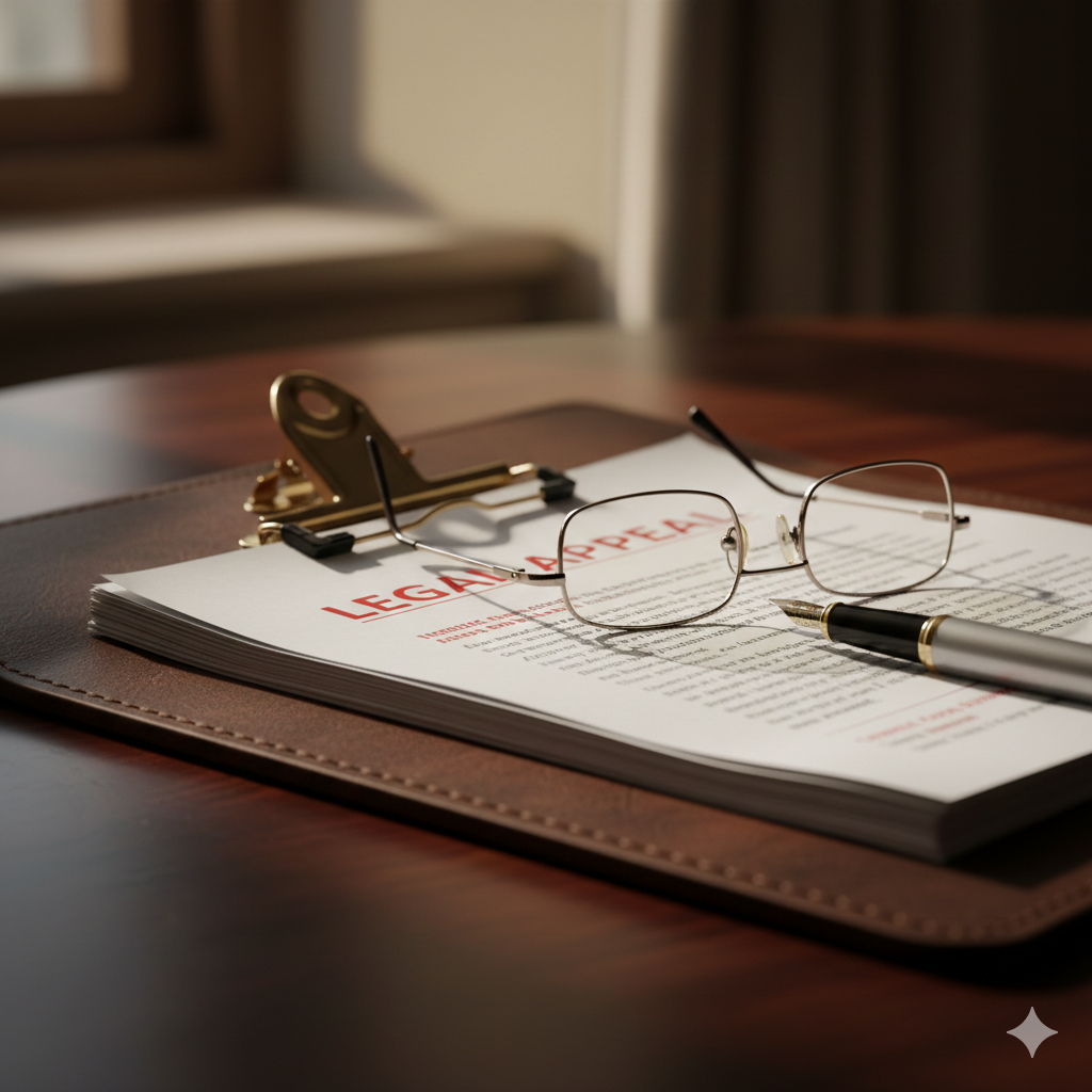 Clipboard with legal document, glasses, and pen on a wooden table.
