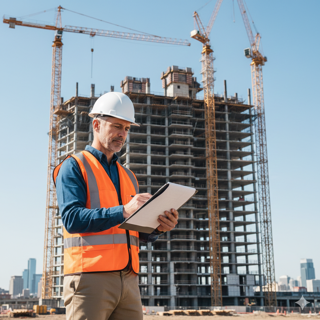 Construction worker in hard hat and vest reviews plans on clipboard, tall building under construction in background.