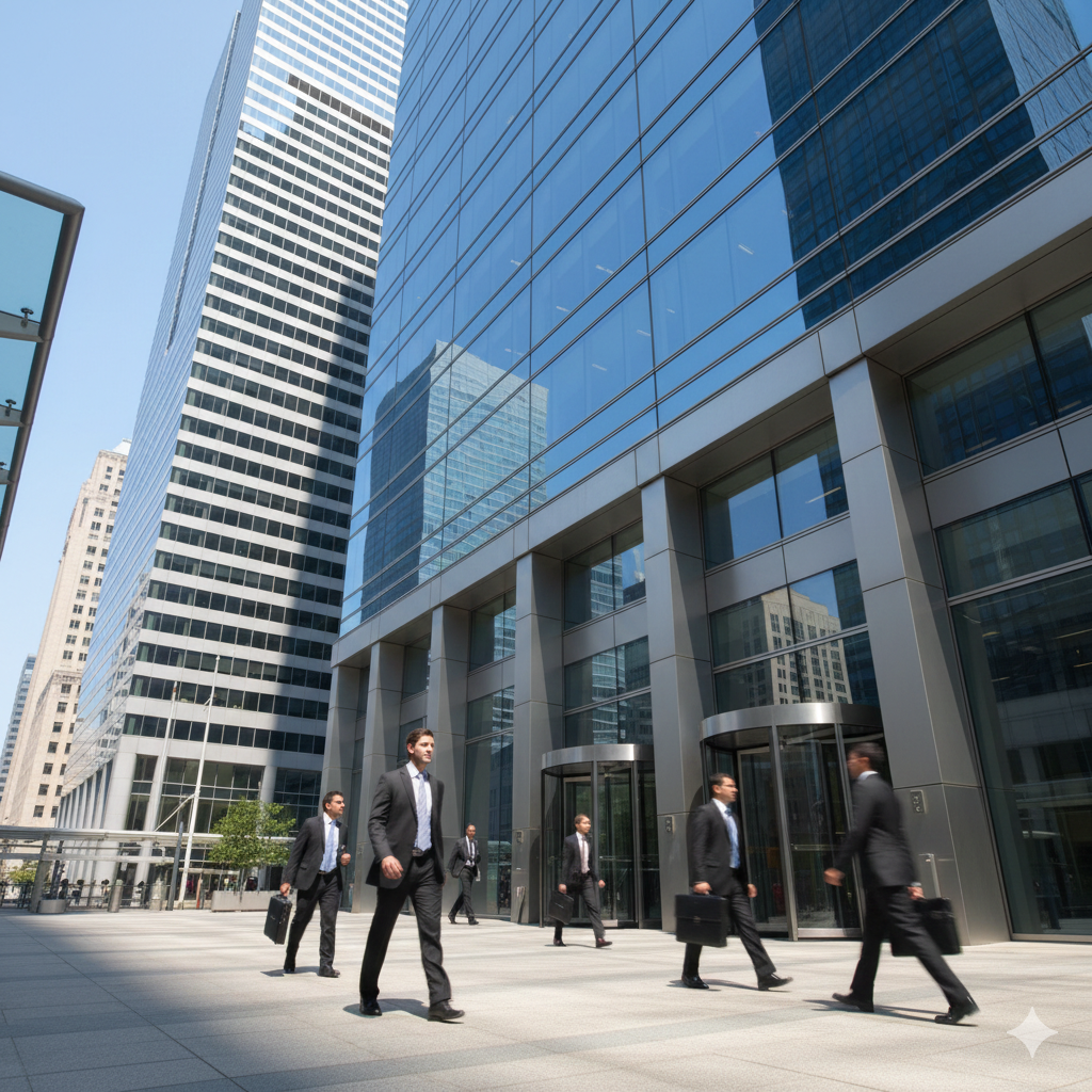 Men in suits walk near glass office buildings on a sunny day.