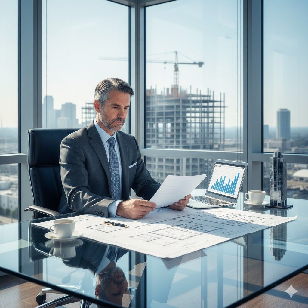 Man in suit reviewing papers at a desk in a high-rise office with a city view.