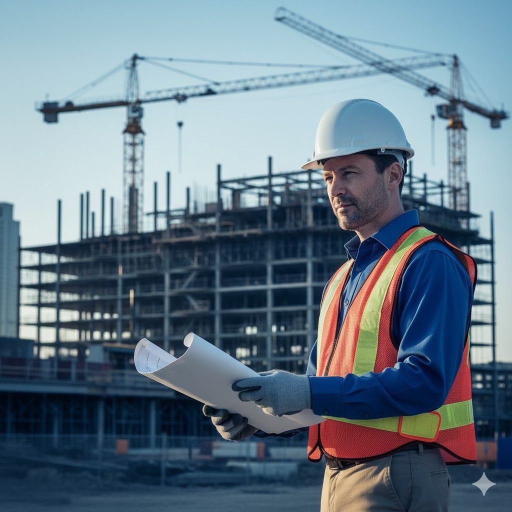 Construction worker in hard hat and vest holding blueprints, construction site with cranes in the background.