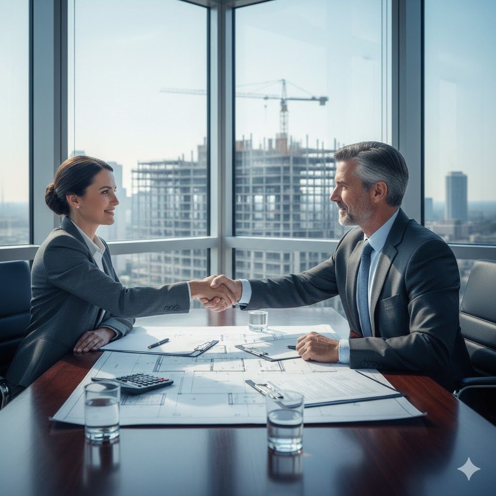 Two people in suits shaking hands across a table with blueprints. Office setting, city view.