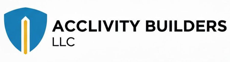 Logo for Acclivity Builders LLC, a blue shield with a yellow and white emblem and company name in black text.