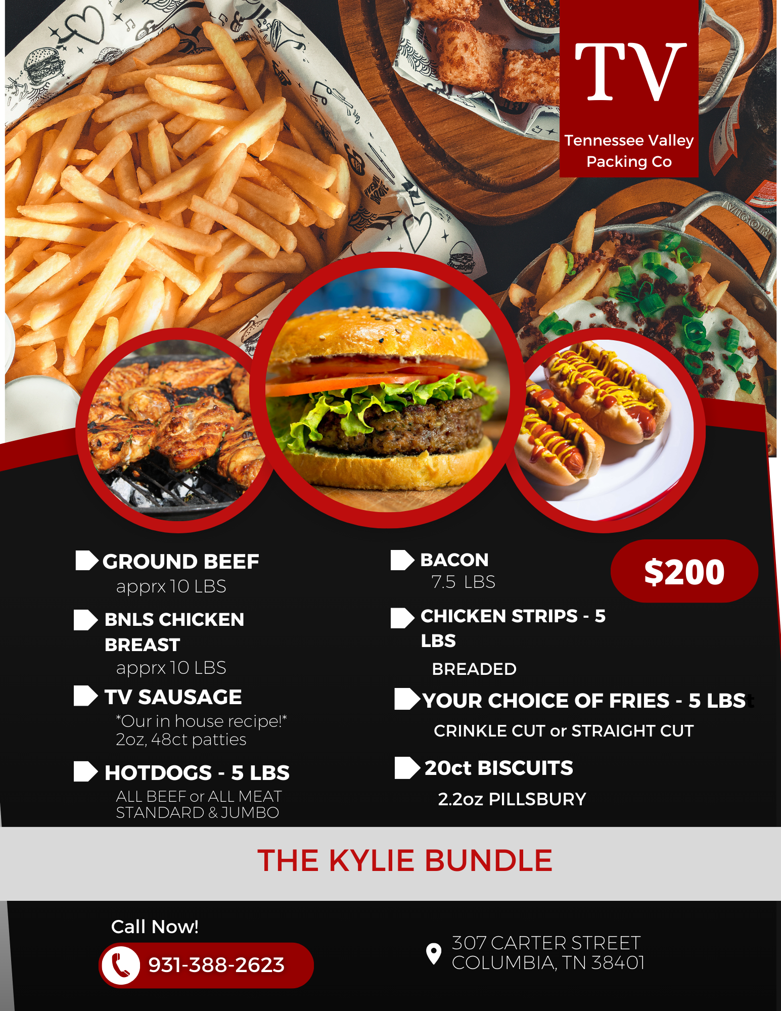 Food bundle advertisement with burgers, fries, chicken strips and more, for $200.