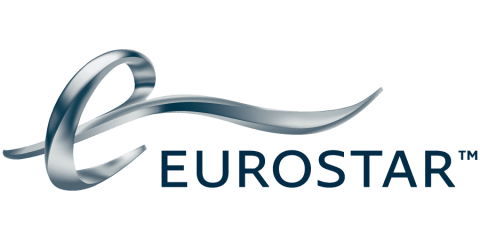 Le logo d'Eurostar est un ruban argenté sur fond blanc.