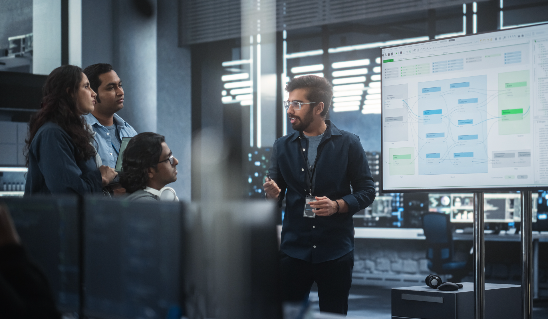 A group of people are standing around a large screen in a room.