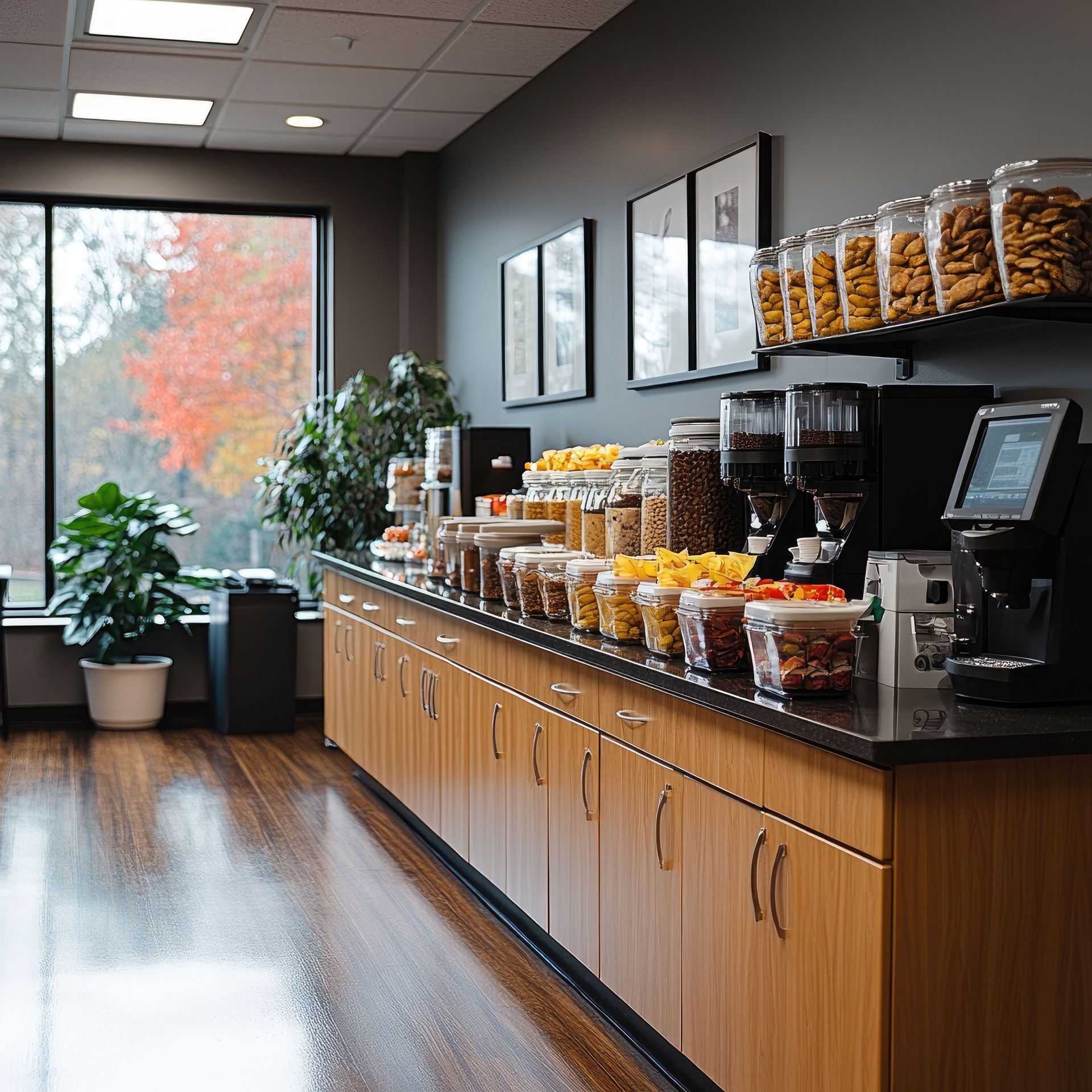 Modern coffee bar with espresso machine, cups, plants, and seating in a warm lounge area