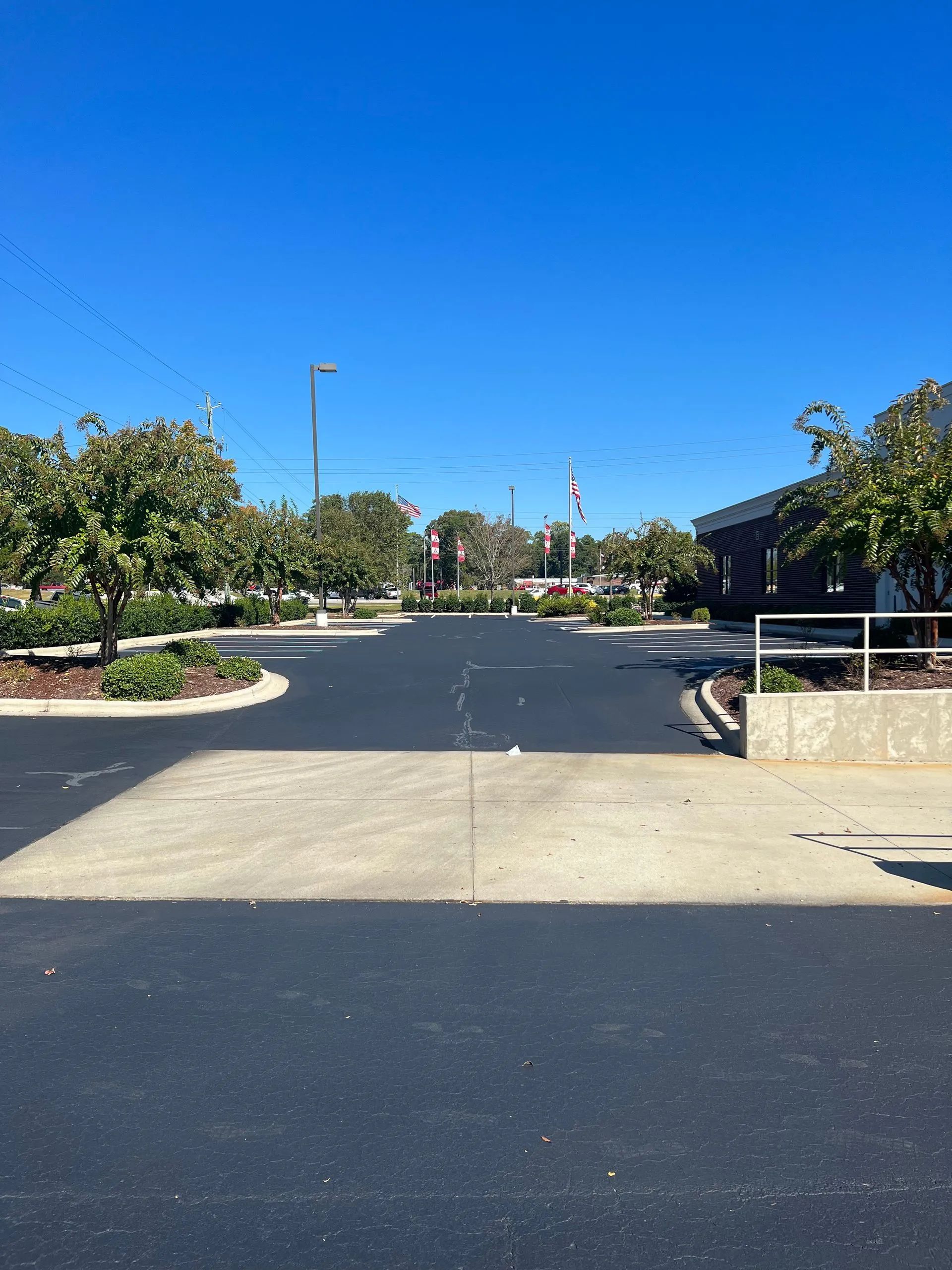 Empty parking lot with trees and buildings under a clear blue sky.