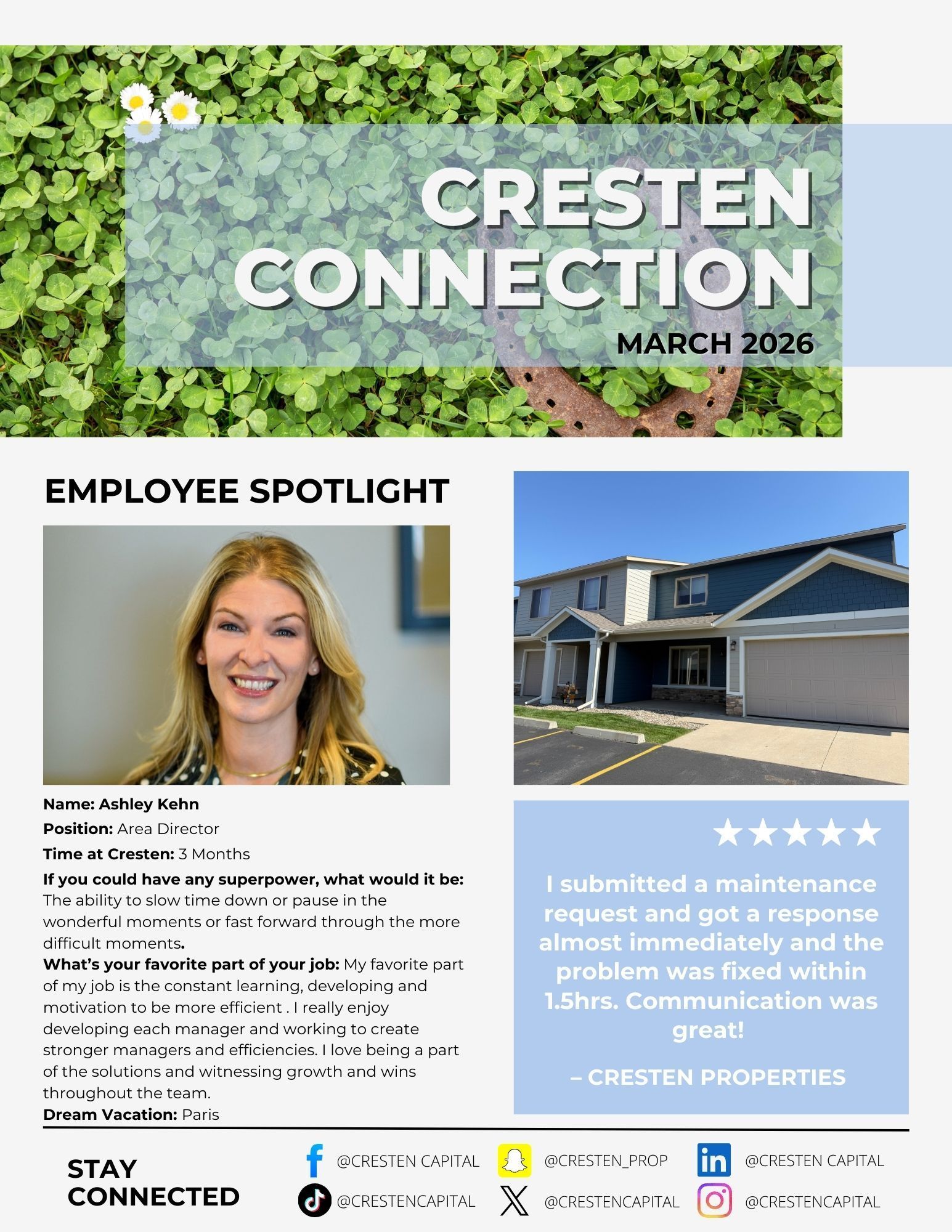 Cresten Connection newsletter with employee spotlight, house photo, and March 2026 headline.