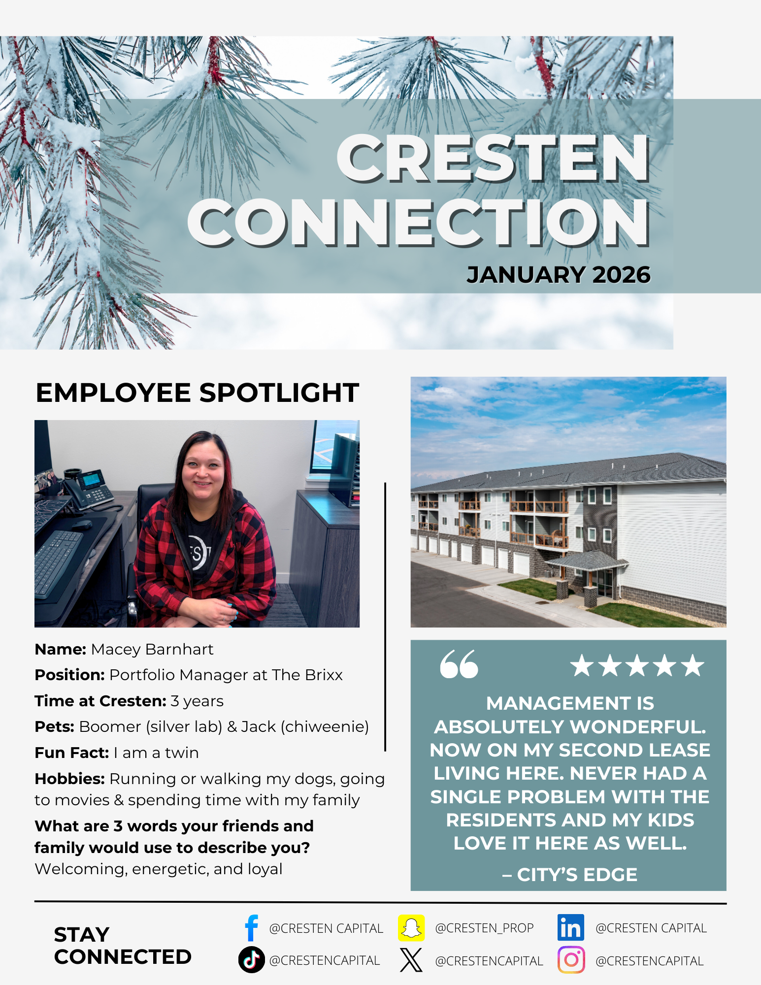 Cresten Connection January 2026 newsletter cover with employee spotlight, building photo, and management quote panel